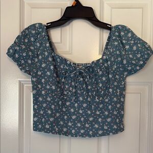 Lucky Brand Blue Puff Sleeve Crop Blouse sexy top floral draw string tie blue